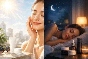 تصویر دو‌بخشی از روتین پوستی صبح و شب؛ در سمت چپ نور آفتاب صبحگاهی، محصولات مراقبت از پوست روی میز و فضایی شاداب برای آماده‌سازی پوست در روز دیده می‌شود، و در سمت راست فضای آرام شب با نور ملایم، ماه در آسمان و کرم‌ها و سرم‌ها روی میز کنار تخت برای مراقبت و ترمیم پوست پیش از خواب. 
